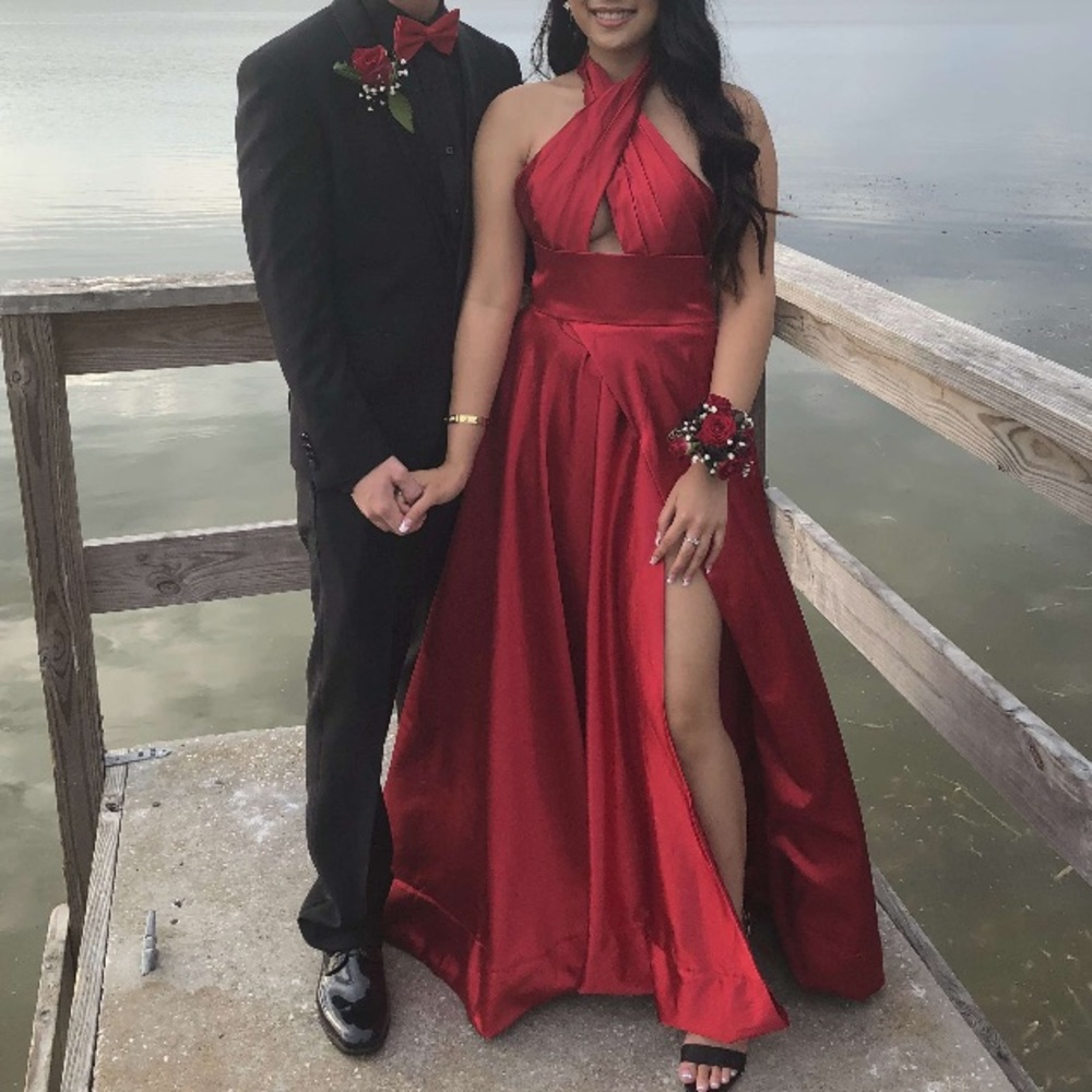 Red satin prom dress